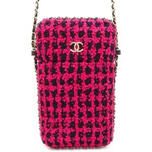 Chanel Coco Mark Tweed Phone Holder Chain Shoulder Bag Black